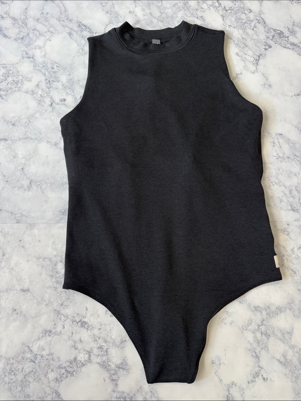 VUORI Dream Knit Black Sleeveless Halo Mock Neck Bodysuit Full Suit Snap Closure